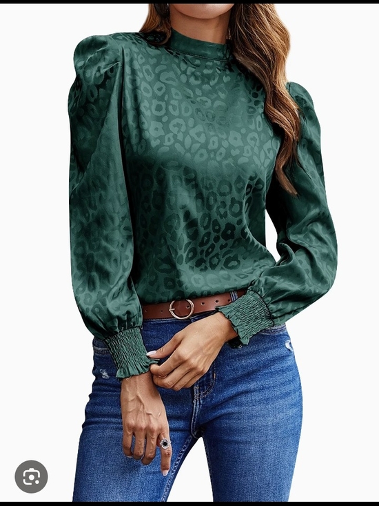 SHEIN Tops - SHEIN Emerald Green Leopard Jacquard Puff Sleeve Blouse